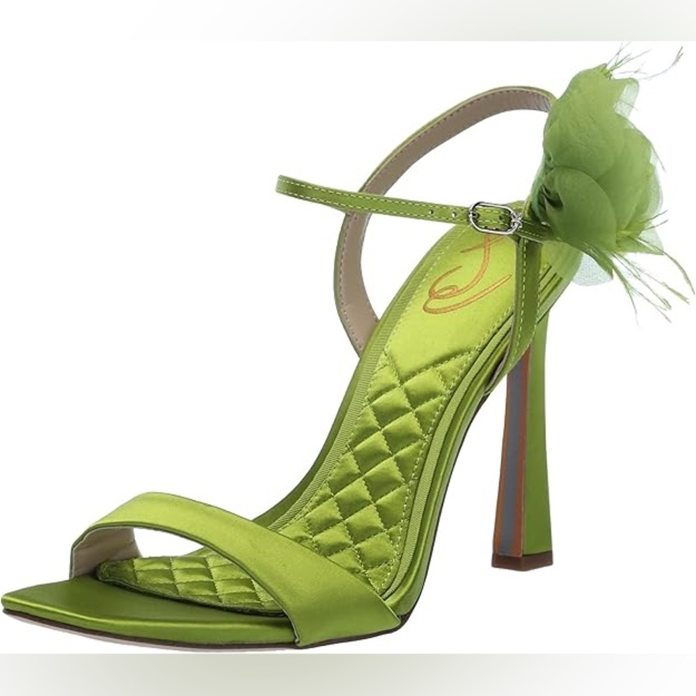 SAM EDELMAN Lime Green Leana Flower Satin Ankle-Strap High Heel Sandals Size 7.5